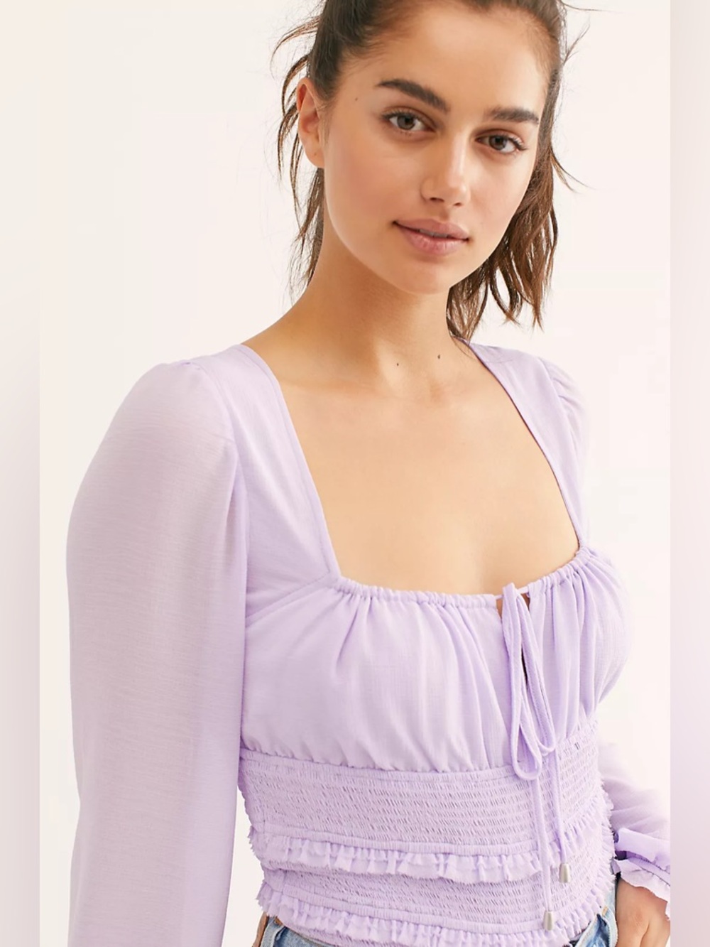 Free People Lolita Top Lavender Sz Medium Boho Sheer Smocked Festival Feminine - Picture 4 of 12